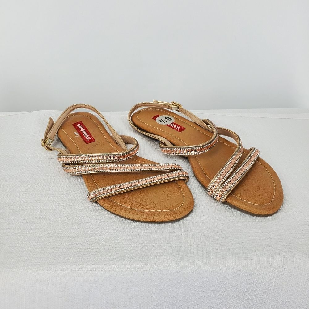Unionbay "Thankful" Open Toe Rhinestone Sandals in Silver & Rose Gold NWT